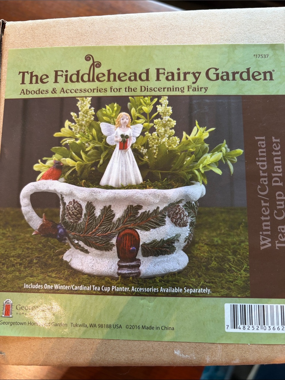 George White Holiday Tea Cup Planter with Cardinal Accent
